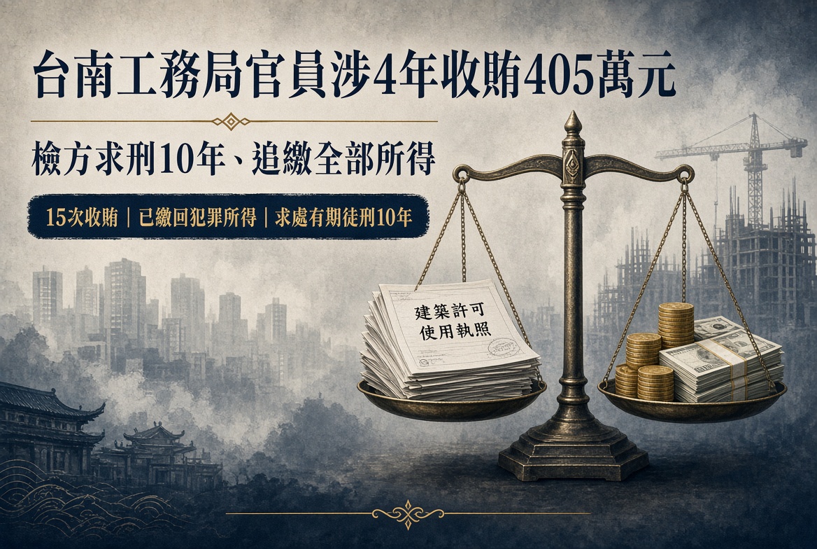 台南工務局官員謝岳龍涉4年收賄405萬元　檢方求刑10年、追繳全部所得