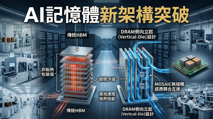 日韓研究團隊提出AI記憶體新架構　DRAM側向立起挑戰HBM散熱瓶頸　AI晶片效能有望再突破